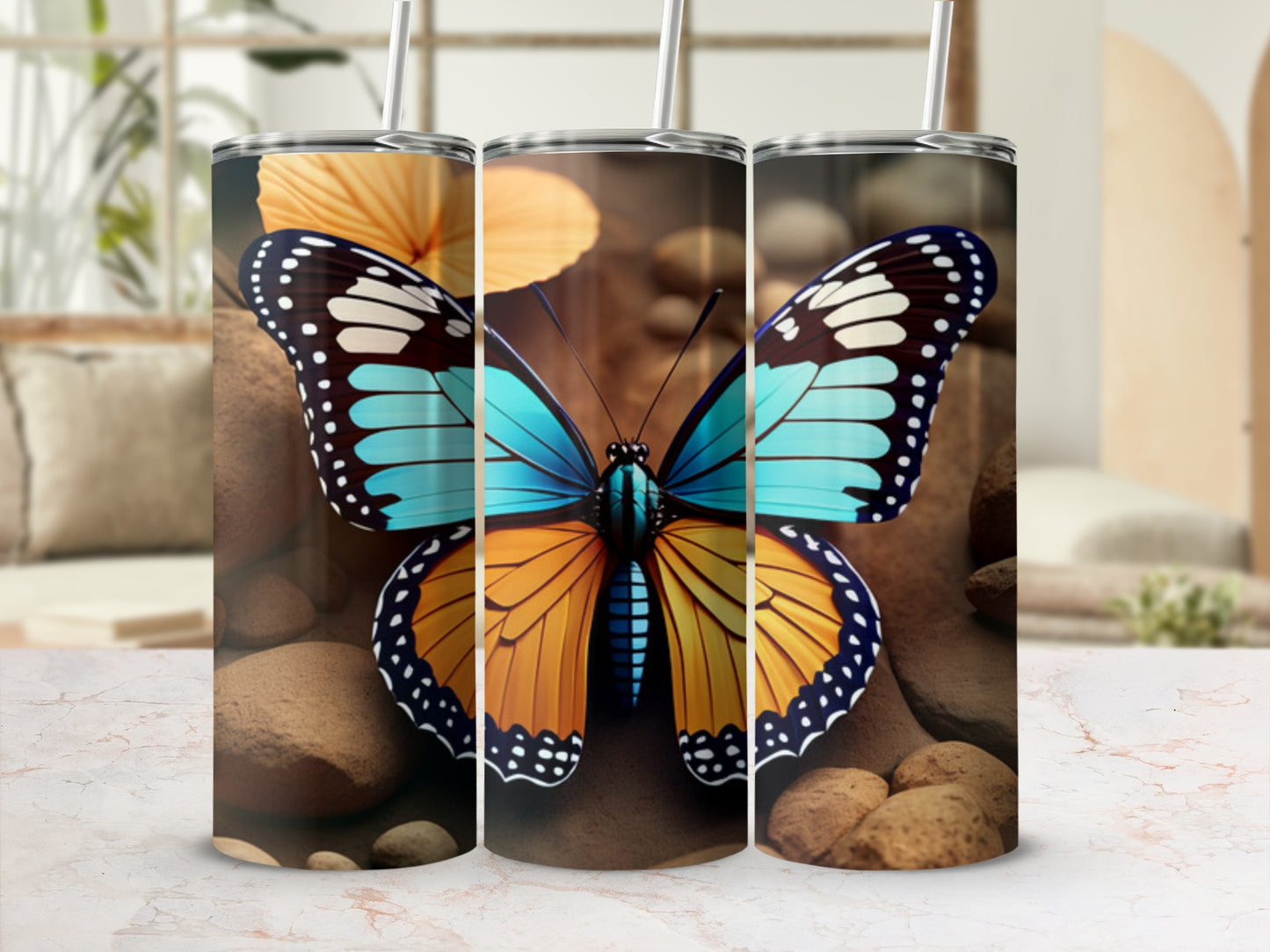 Butterfly design on a tumbler with textured stones and floral background.