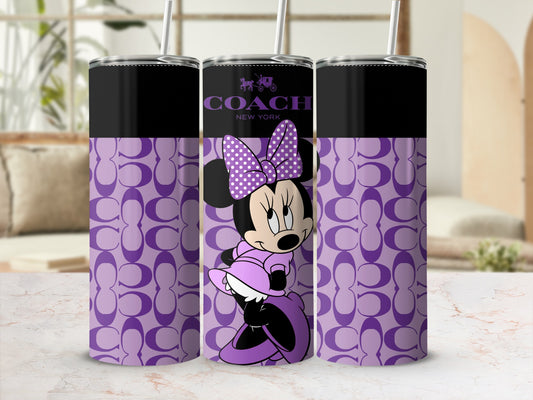 Minnie Mouse with Coach New York logo on purple repeating Coach pattern tumblers.