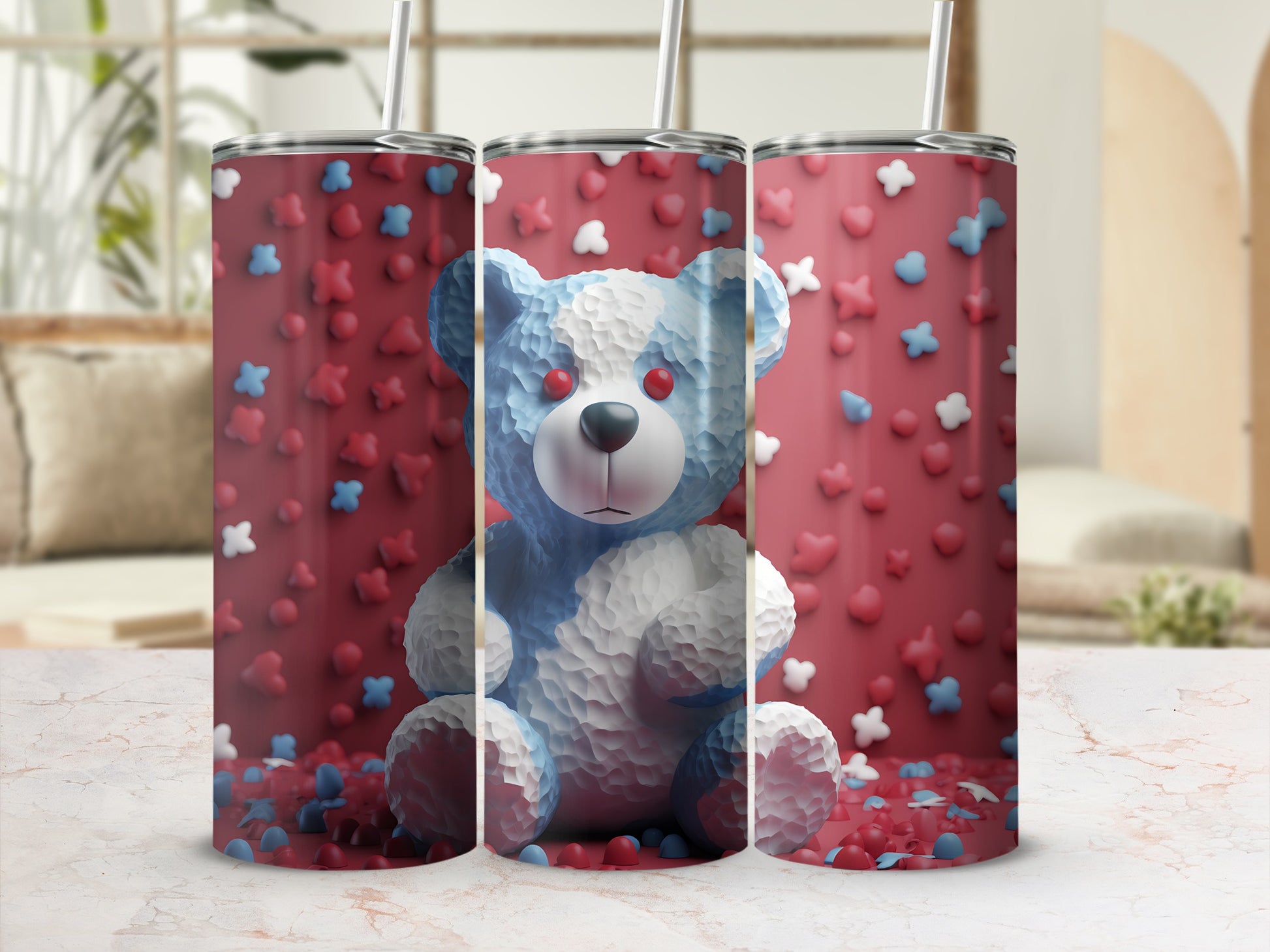 Blue and white teddy bear tumbler with hearts and stars pattern.