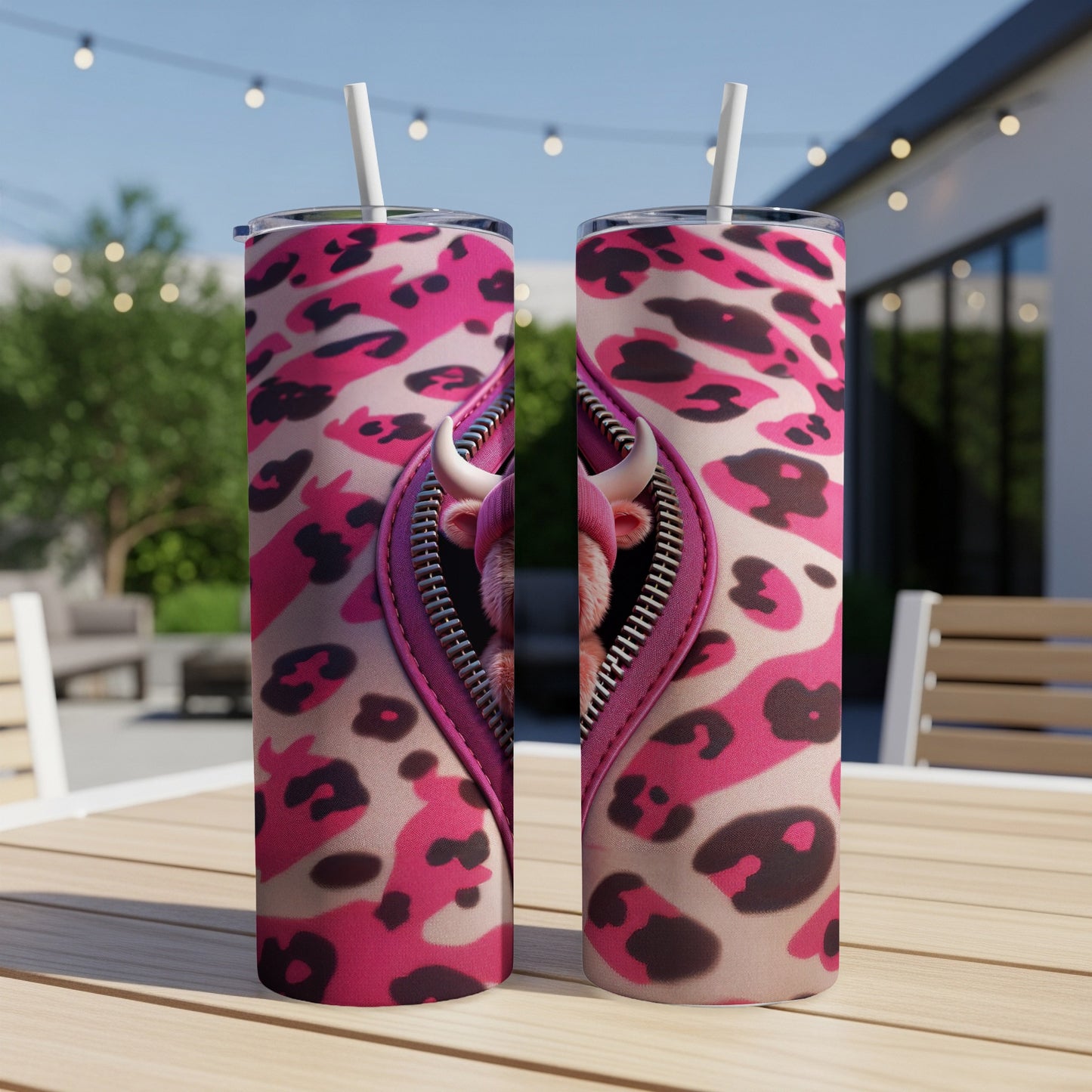 Pink leopard print tumbler with a cow face peeking through a zipper.