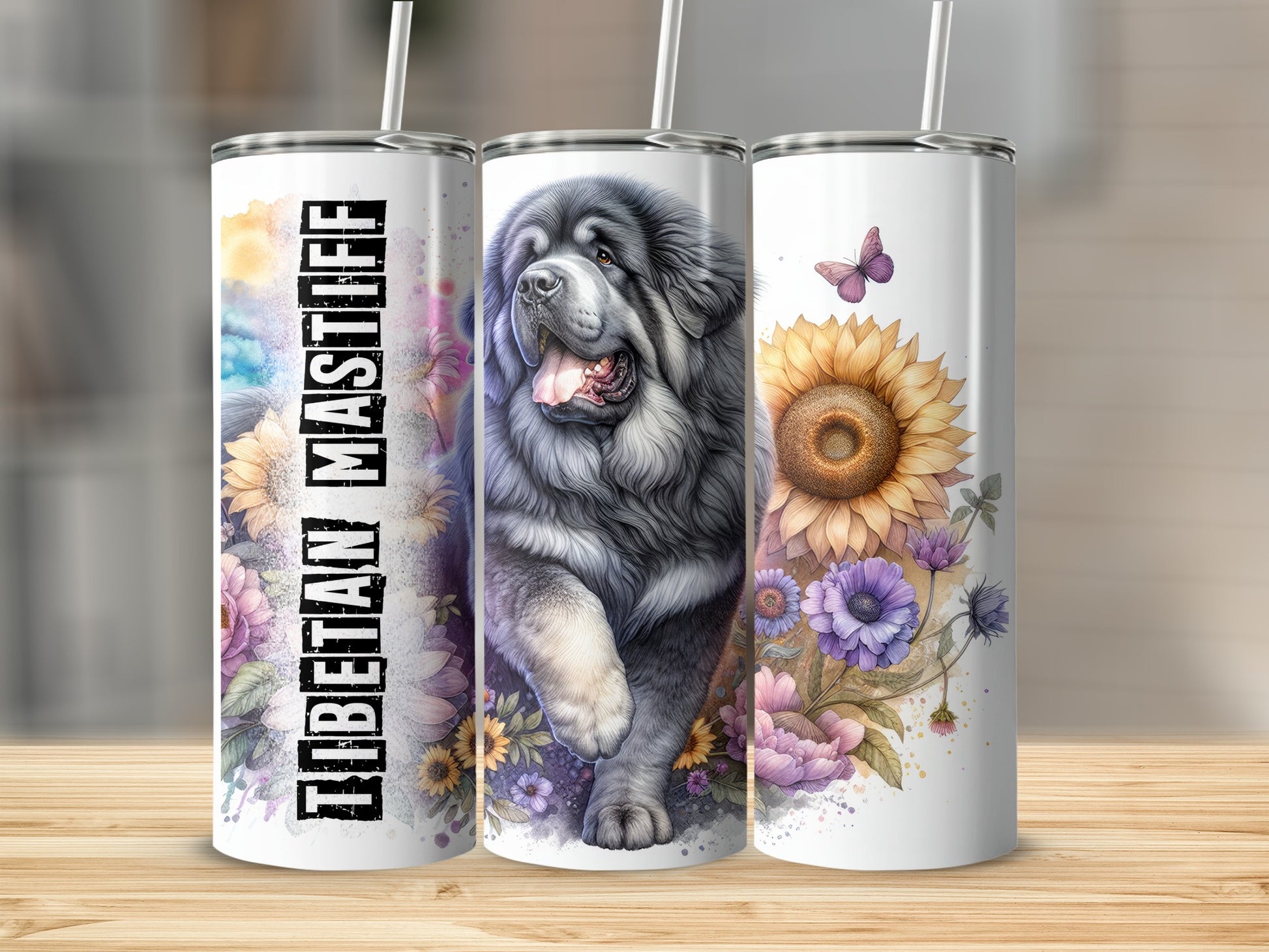 Three tumblers featuring a Tibetan Mastiff, sunflowers, and butterflies.