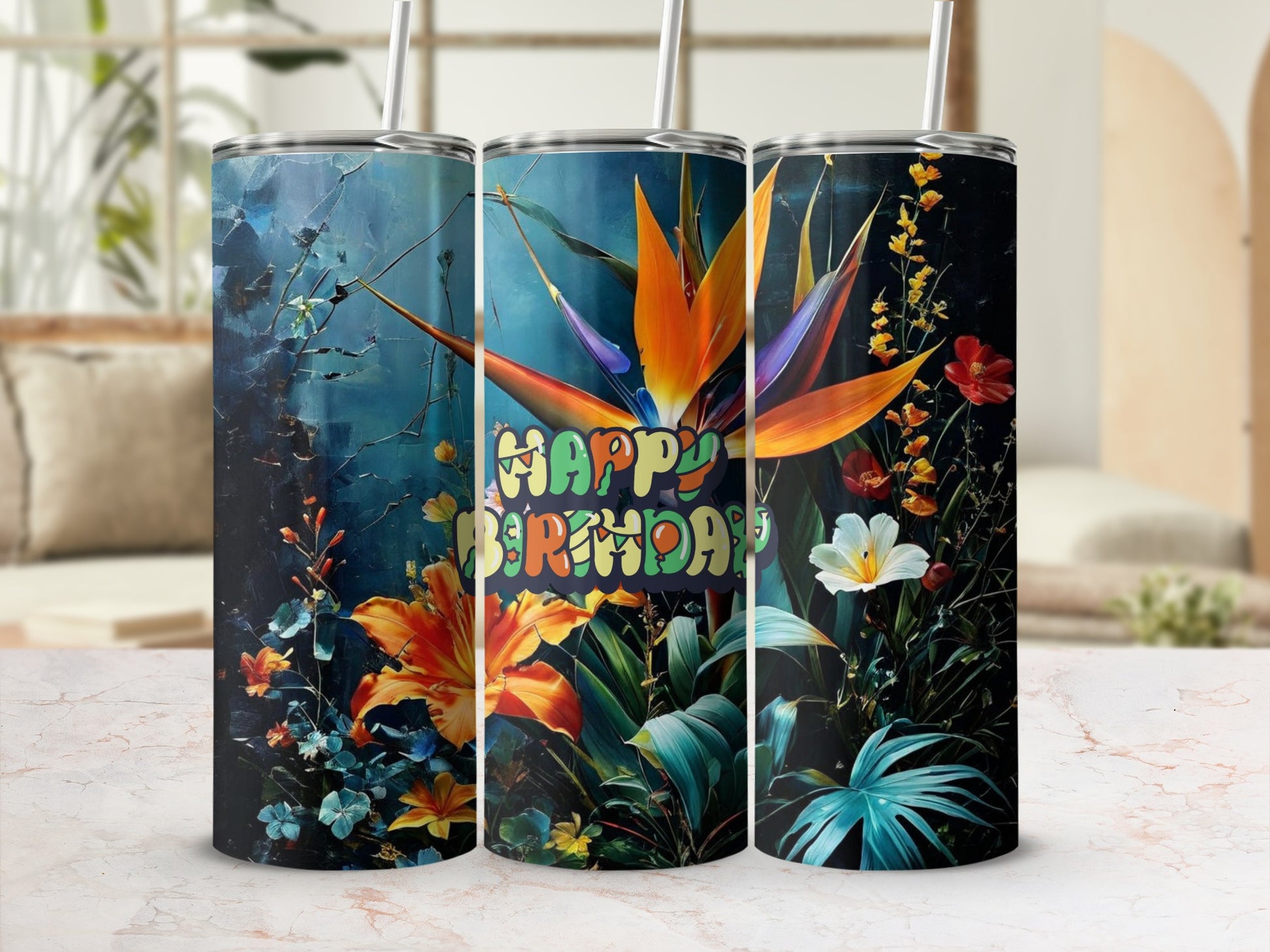 Tumbler with vibrant tropical flowers and "Happy Birthday" text.