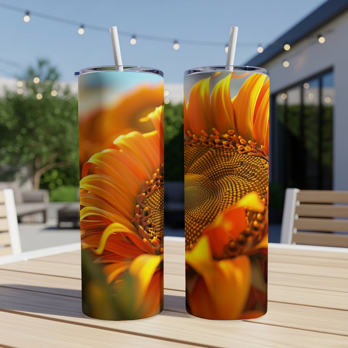 Two tumblers with sunflowers, one close up, on a wooden table.