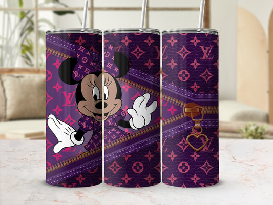 Minnie Mouse with purple LV pattern tumbler with gold zipper detail.