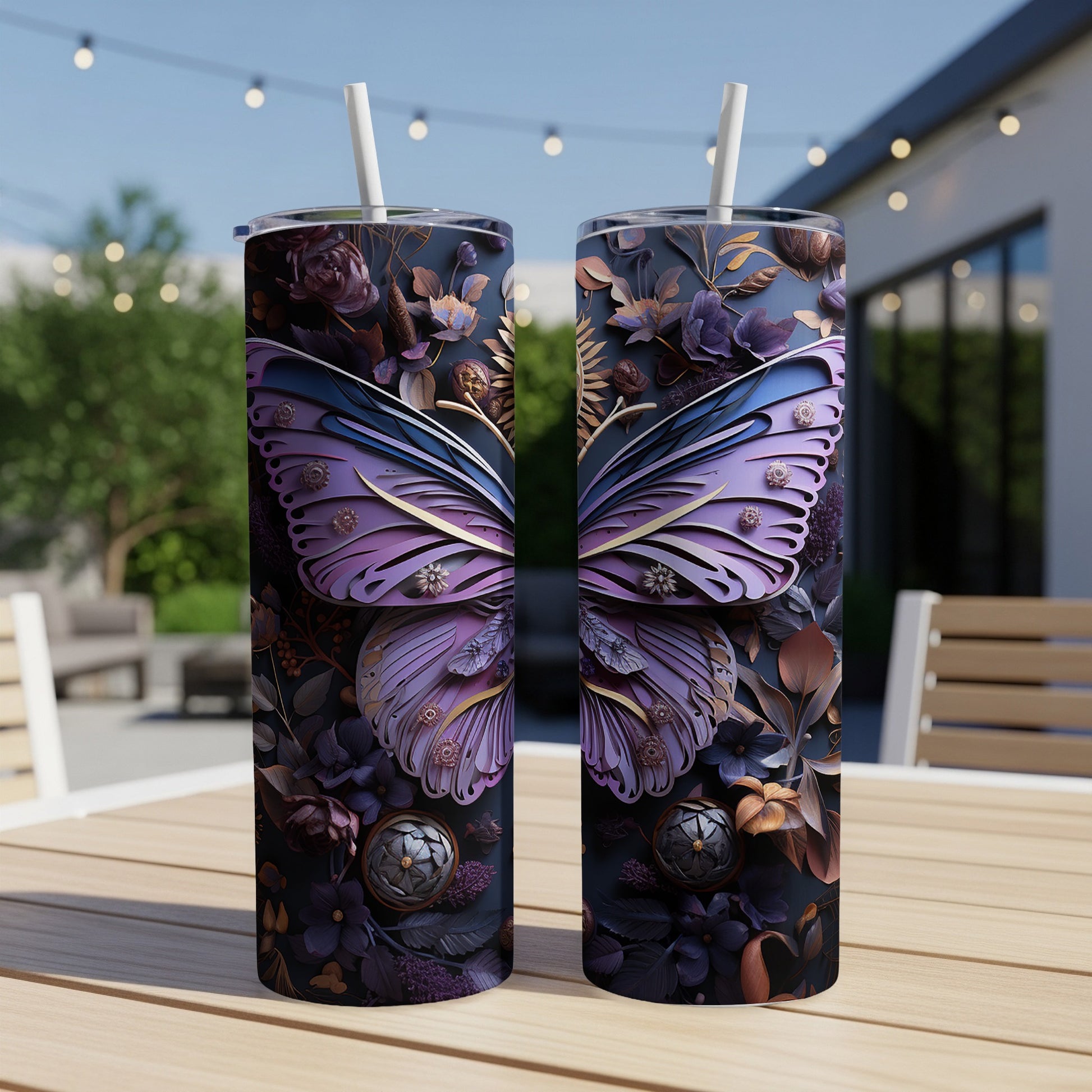 Two tumblers with a purple butterfly and floral design on a wooden table.