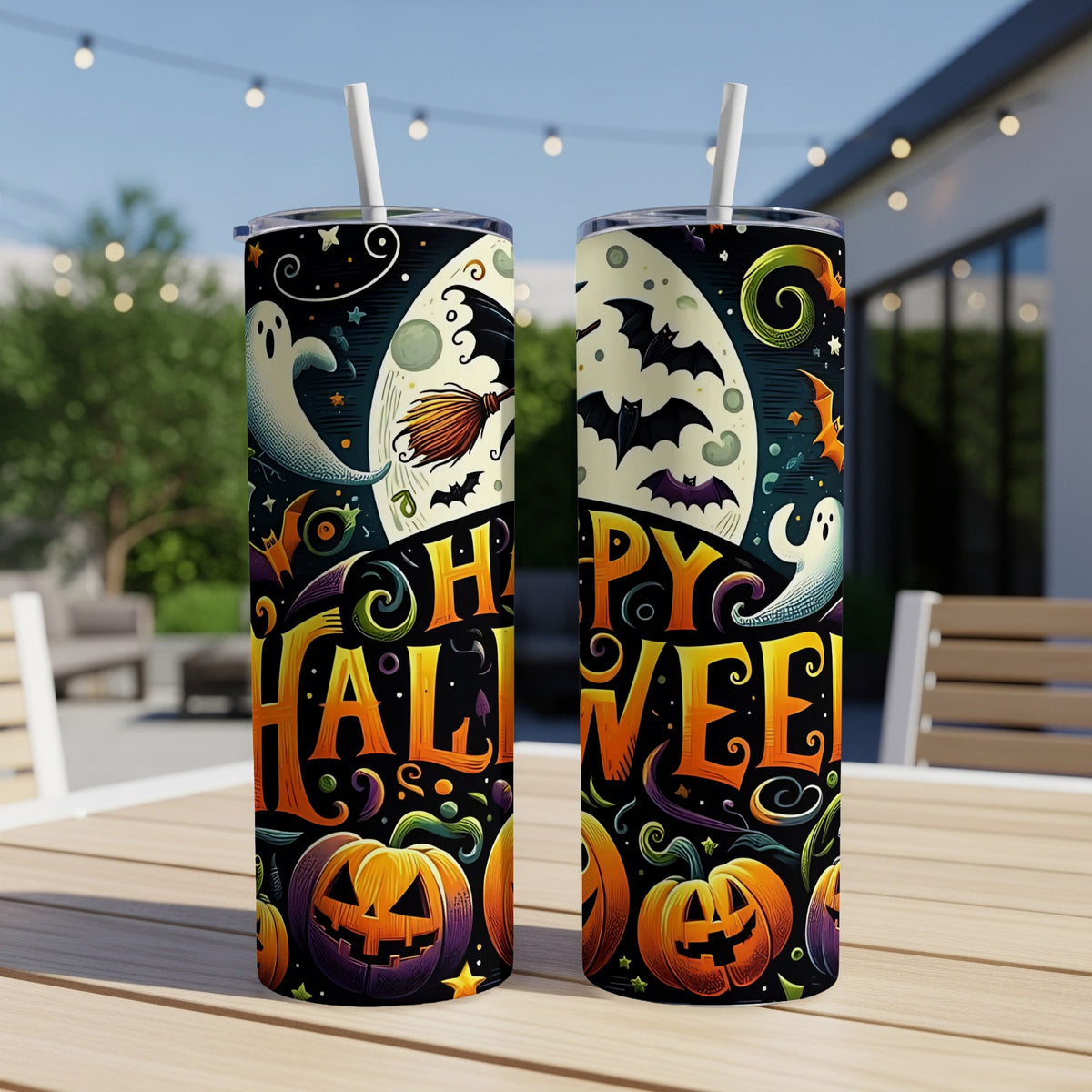 Halloween tumblers with ghosts, bats, pumpkins, and the words "Happy Halloween."