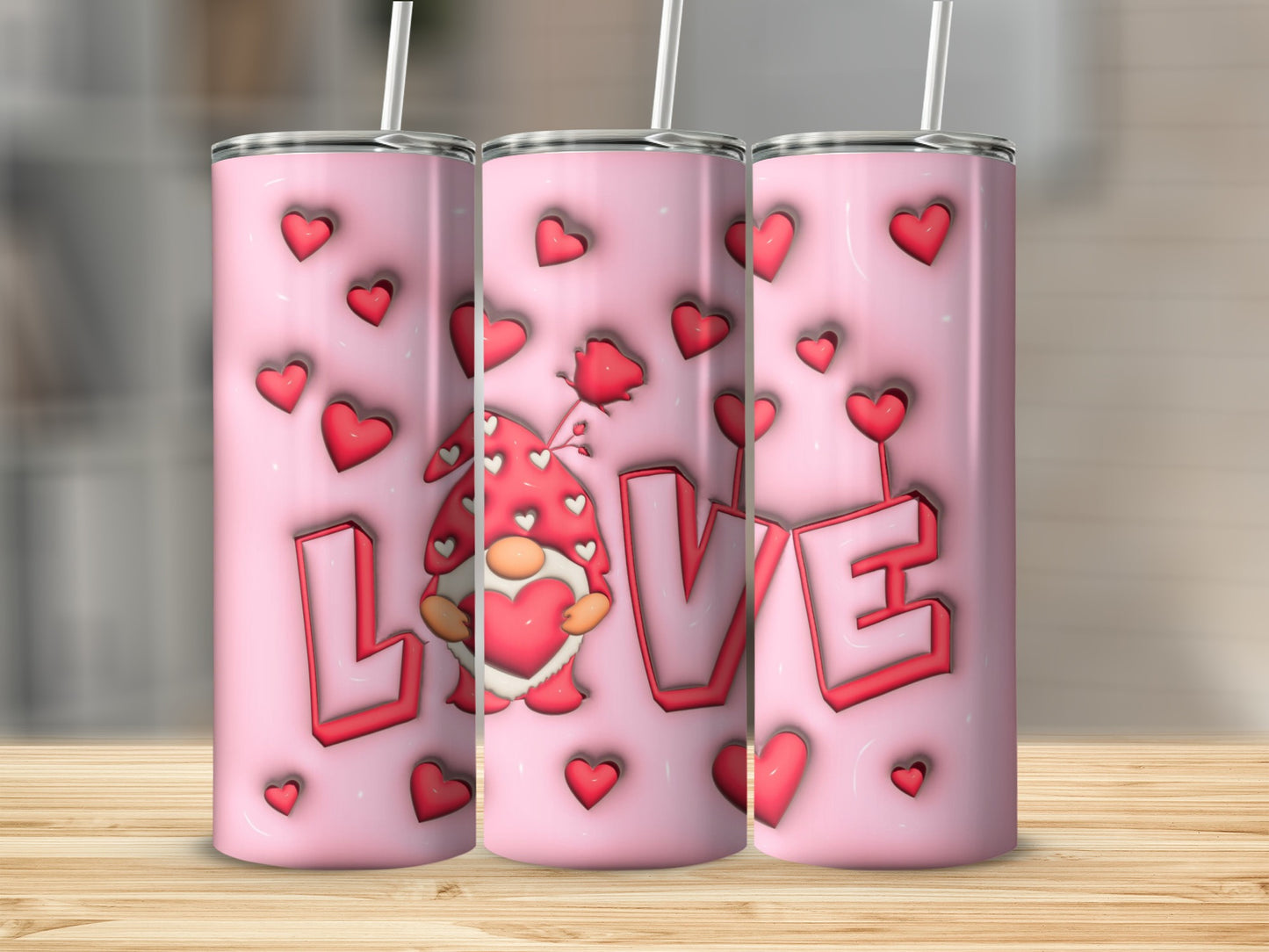 Cute Pink Love Gnome With Hearts Tumbler Design