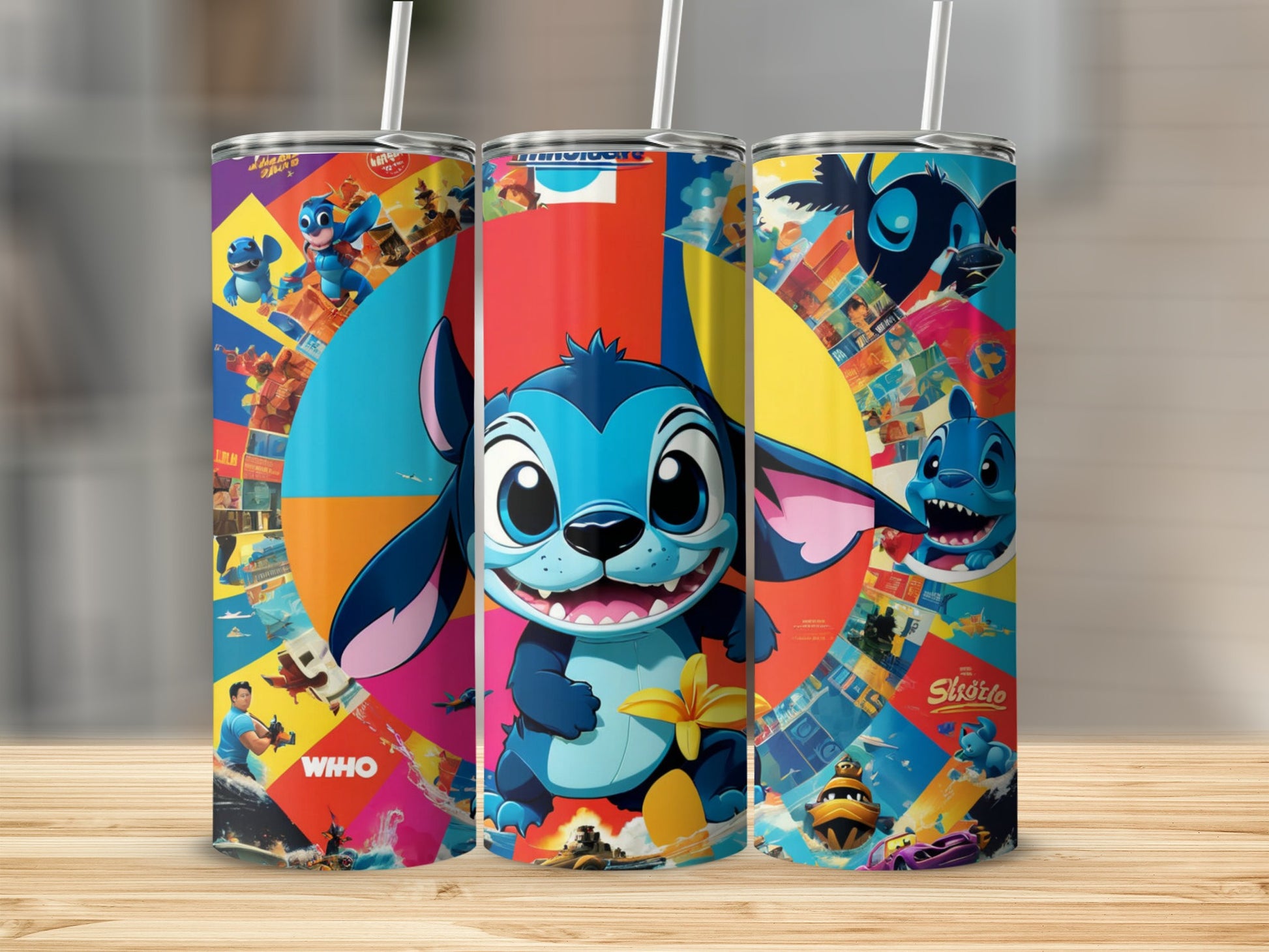 Three Stitch character tumblers with colorful collage backgrounds.