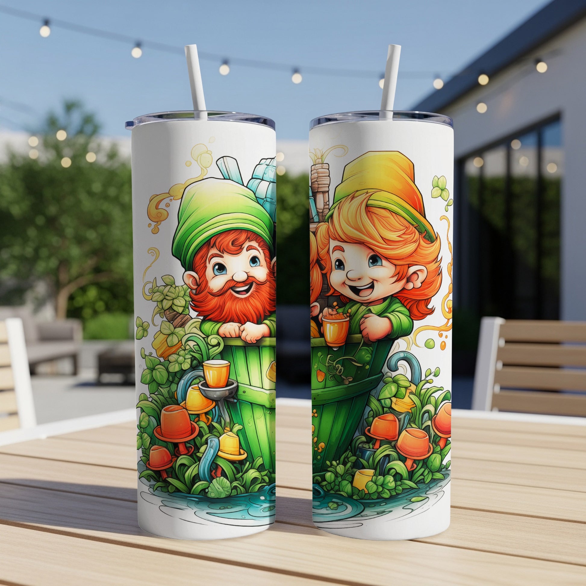 Two leprechauns in a green barrel holding mugs, surrounded by clover and mushrooms.