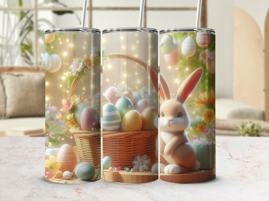 Easter basket with decorated eggs and a bunny, displayed on a surface.