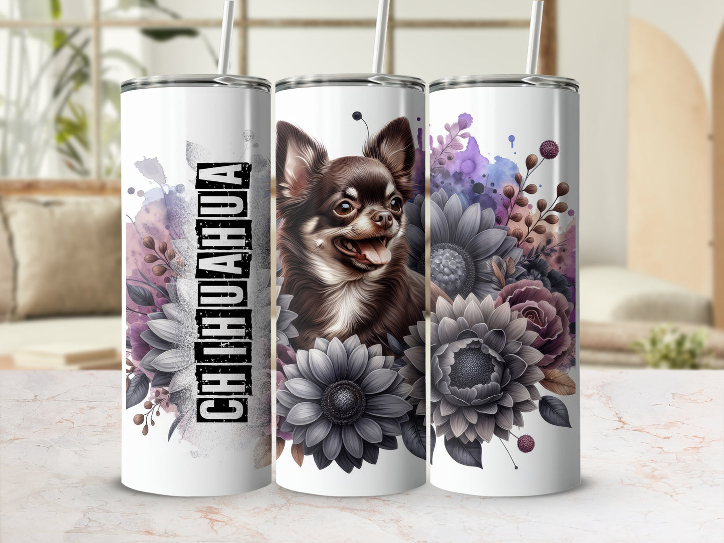 White tumbler with chihuahua and floral design, says "CHihuahua".