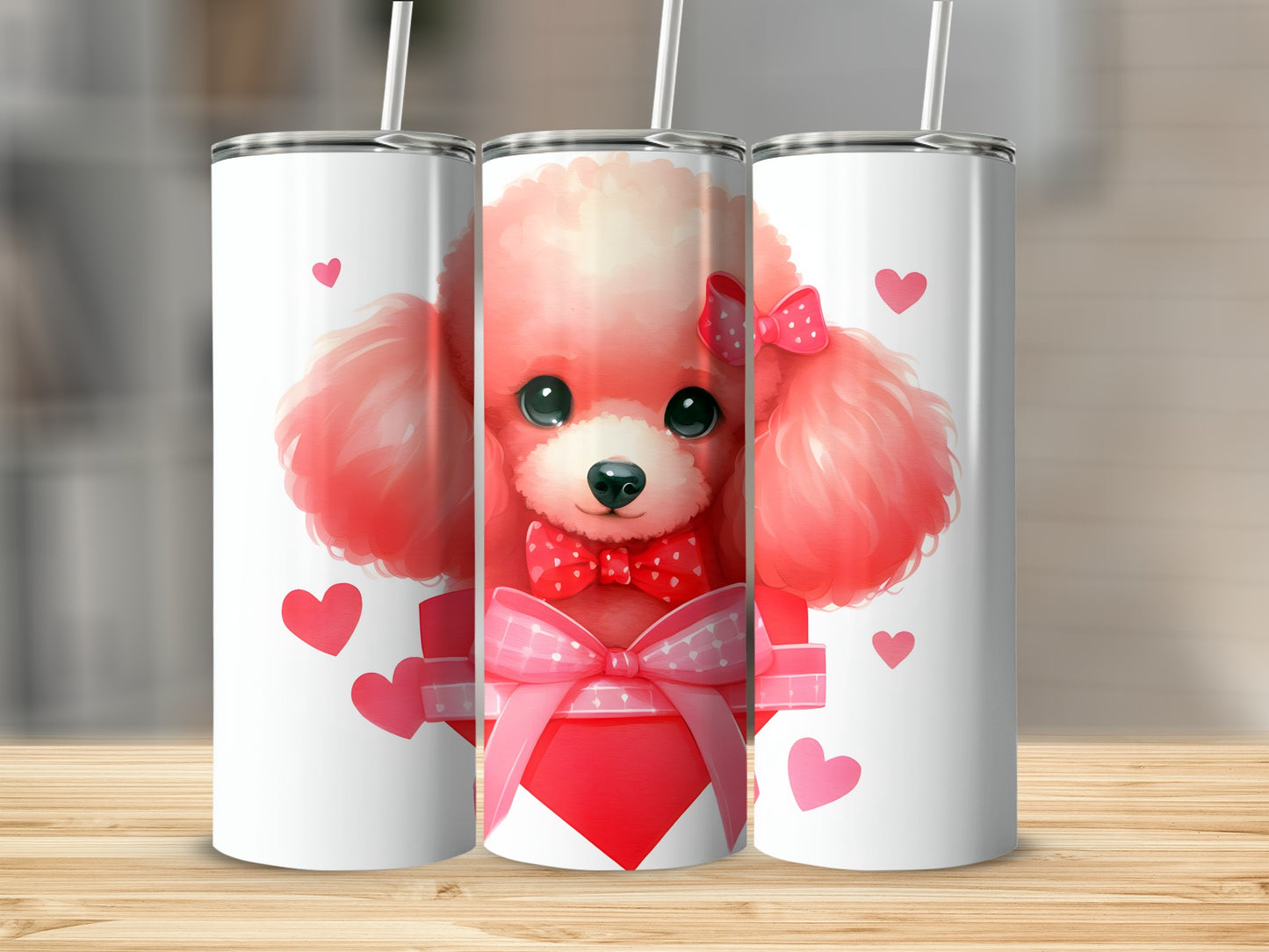 Pink poodle with hearts and bows on a tumbler, front view.