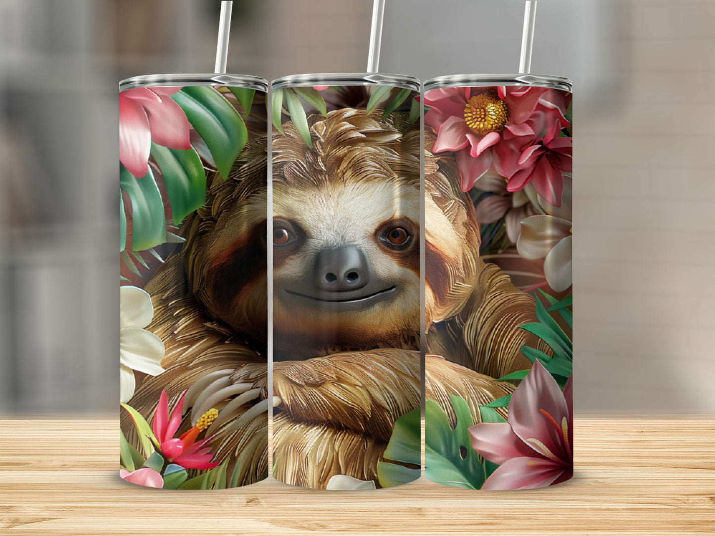 Three tumblers featuring a smiling sloth surrounded by tropical flowers.