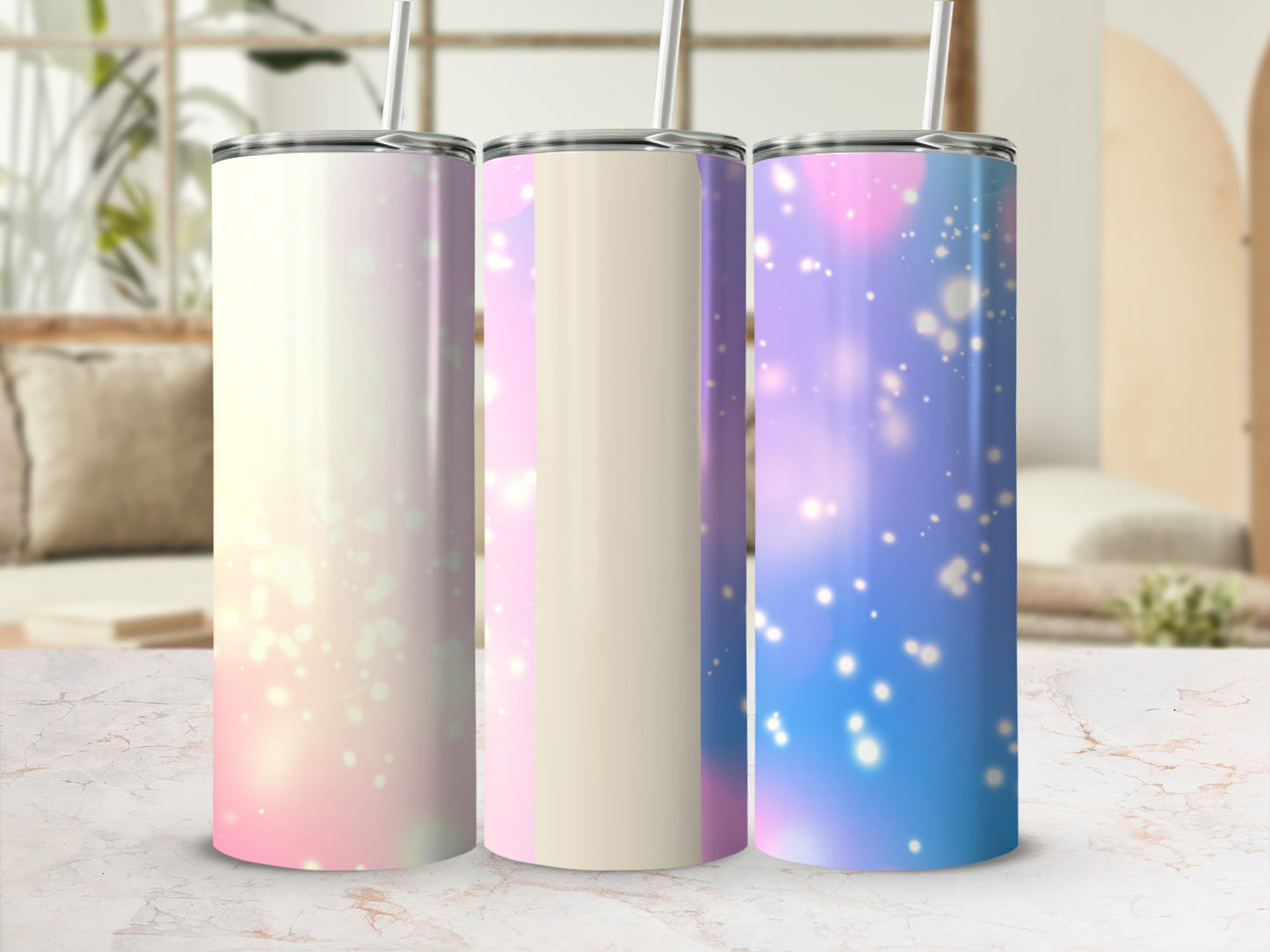 Three tumblers with bokeh lights in pastel pink, cream, and blue.