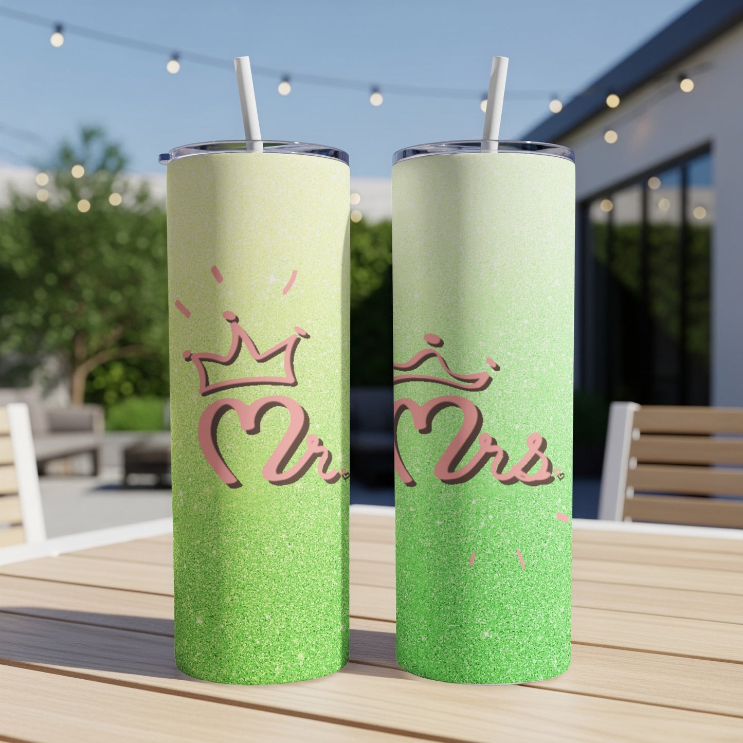 Two glitter-covered tumblers, each with "Mrs." and a crown design.