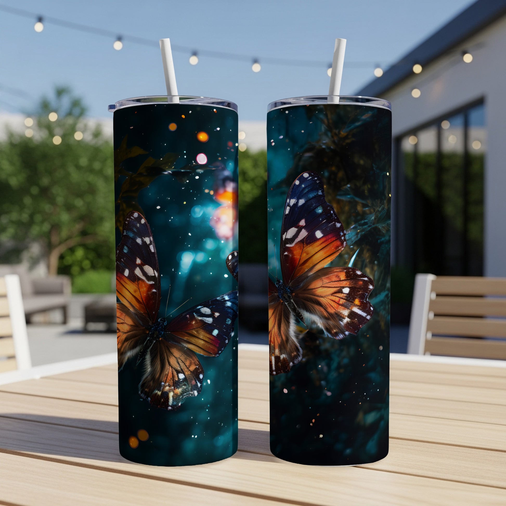 Two tumblers with colorful butterfly designs, resting on a table outdoors.
