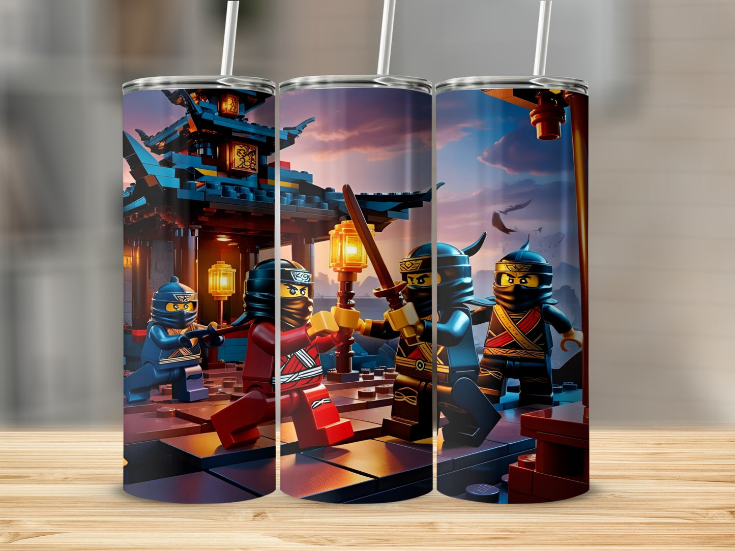 LEGO Ninjago characters in action in front of a temple.