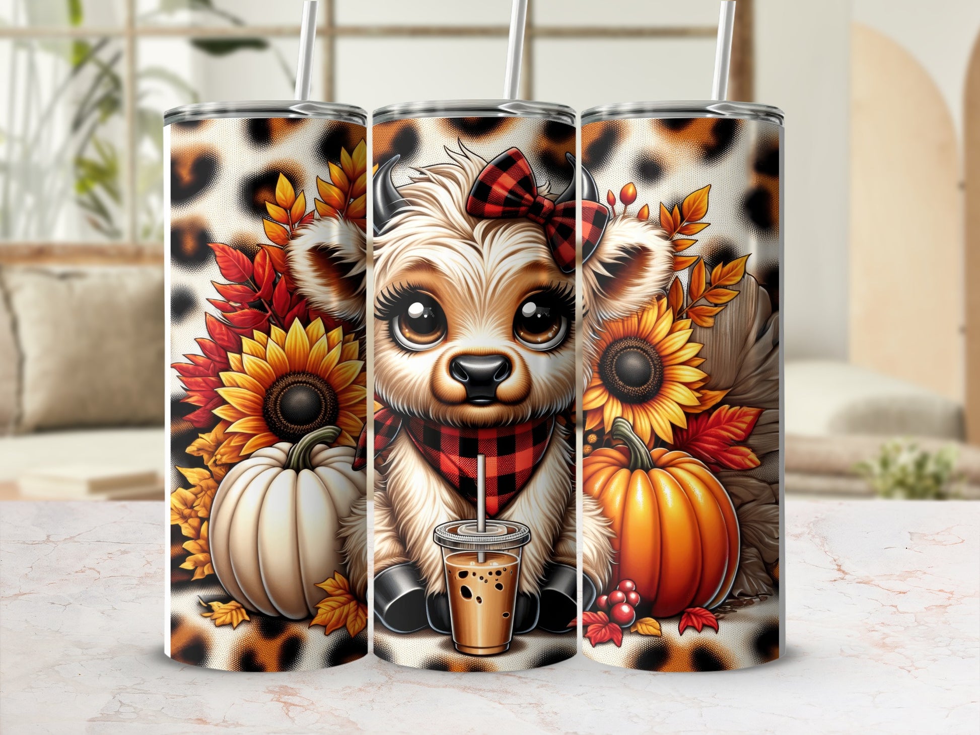 Cute cow tumbler with pumpkins, sunflowers, and leopard print.