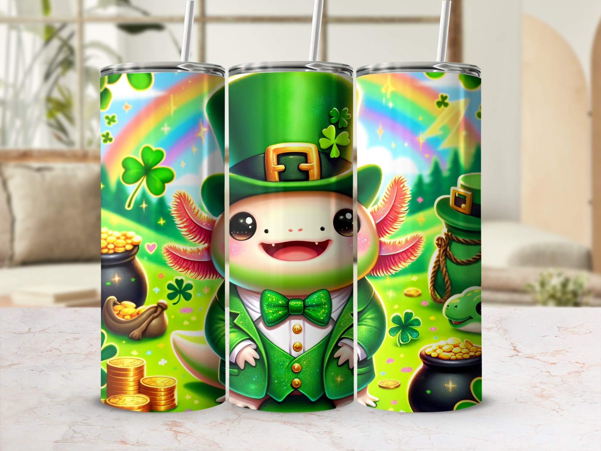 St. Patrick's Day axolotl wearing green hat and bow tie, with rainbows and gold.