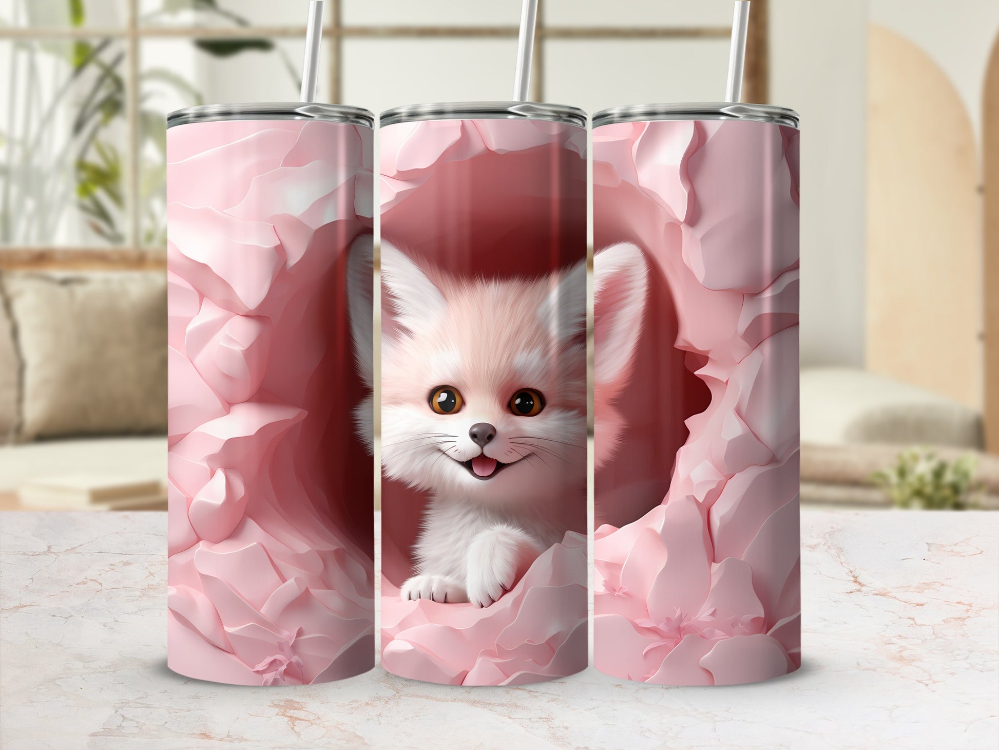 Pink Floral Design Cute Fox Art Stainless Steel Tumbler