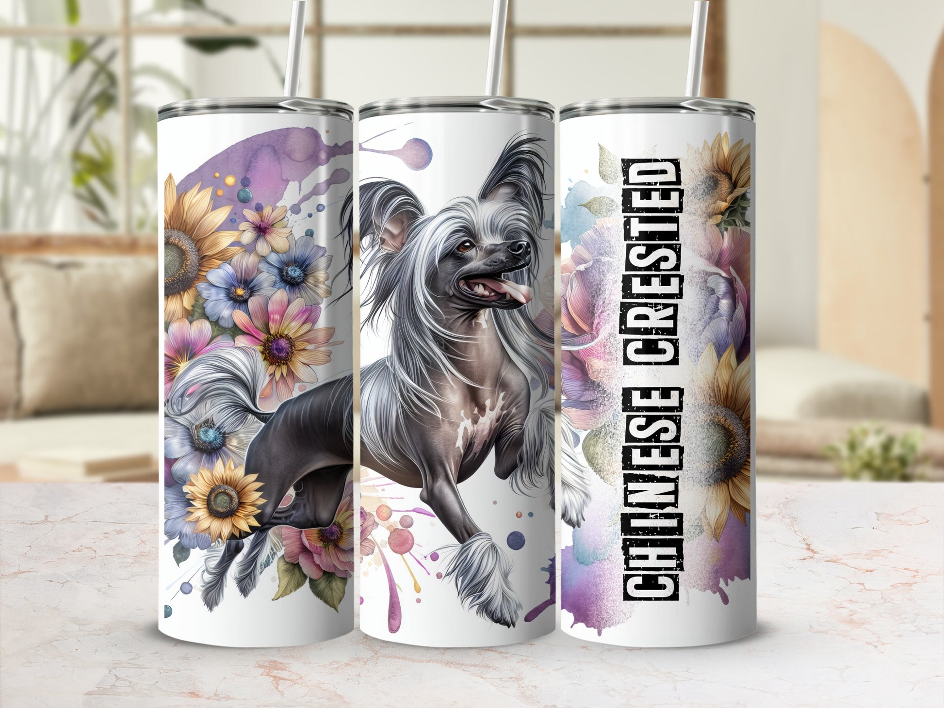 Chinese Crested dog with floral accents on a tumbler wrap.
