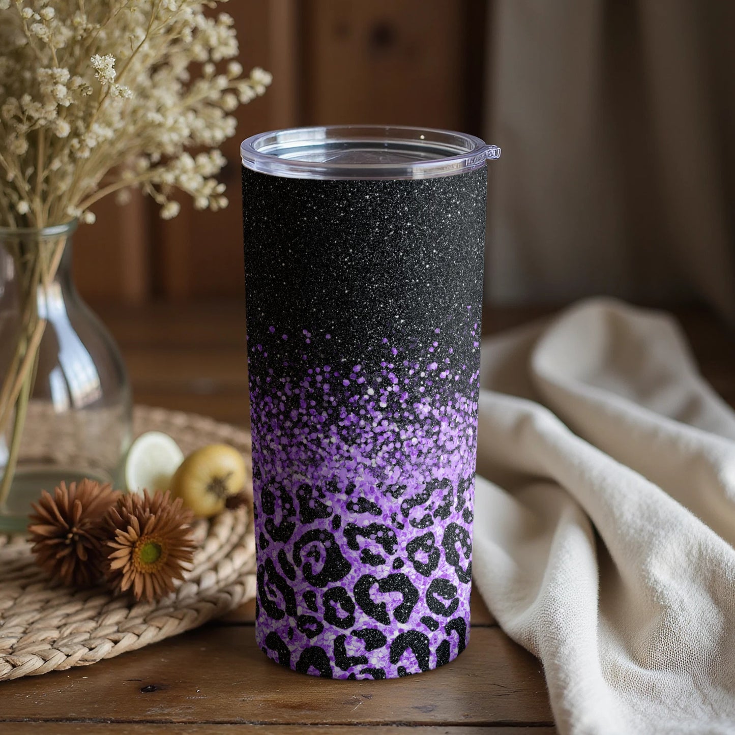 Purple Gradient Leopard Print Tumbler with Lid