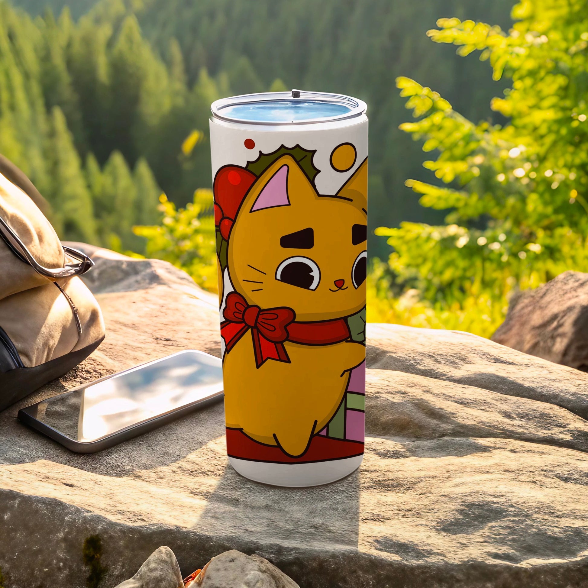 Cute Cartoon Cat Design Tumbler with Red Bow Accessory