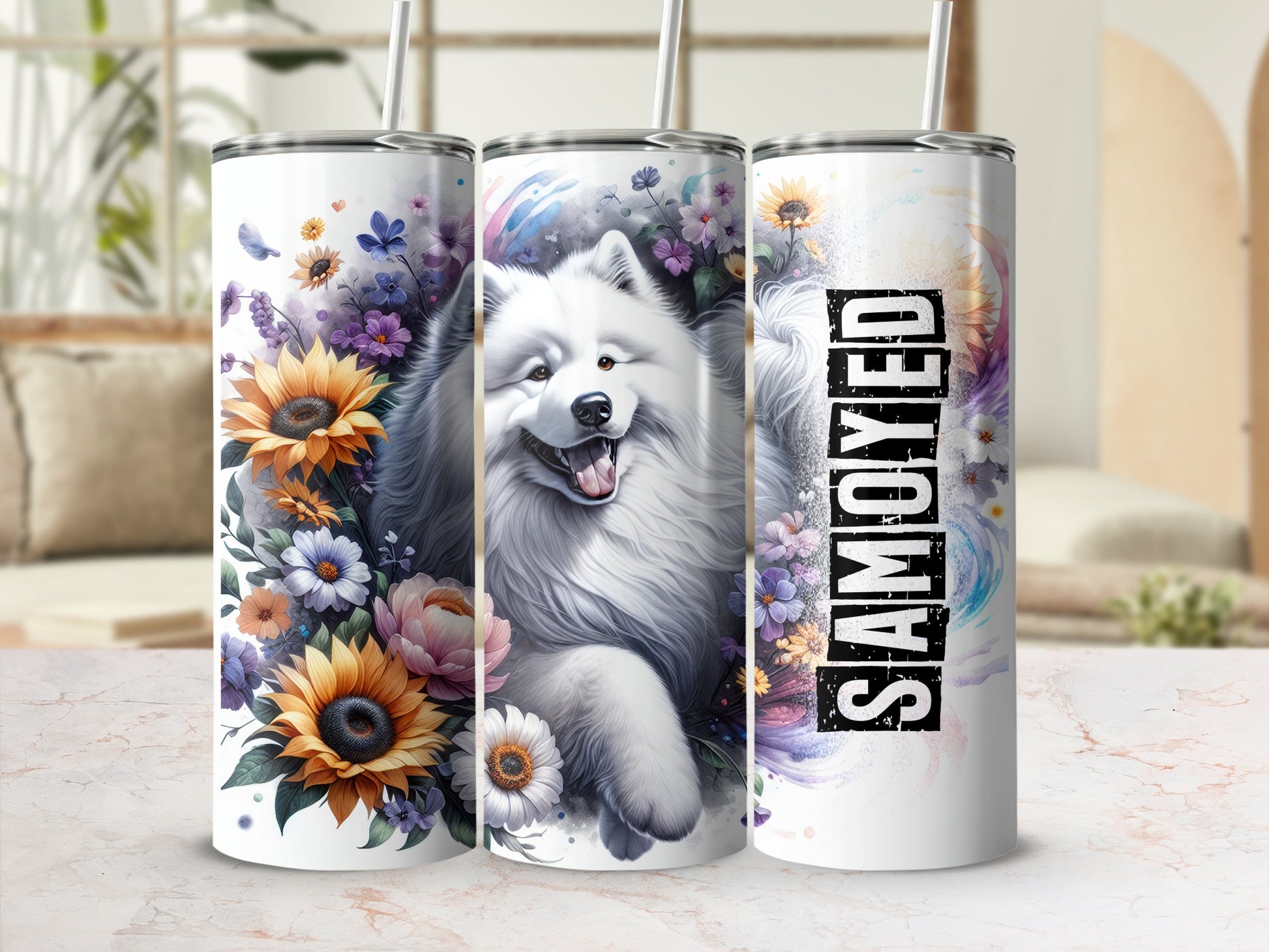 Samoyed dog with flowers on a skinny tumbler.