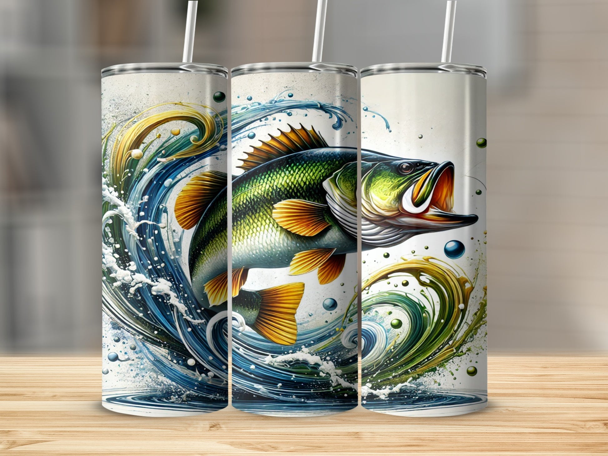 Vibrant Bass Fish Art Splash Travel Tumbler Cup Design