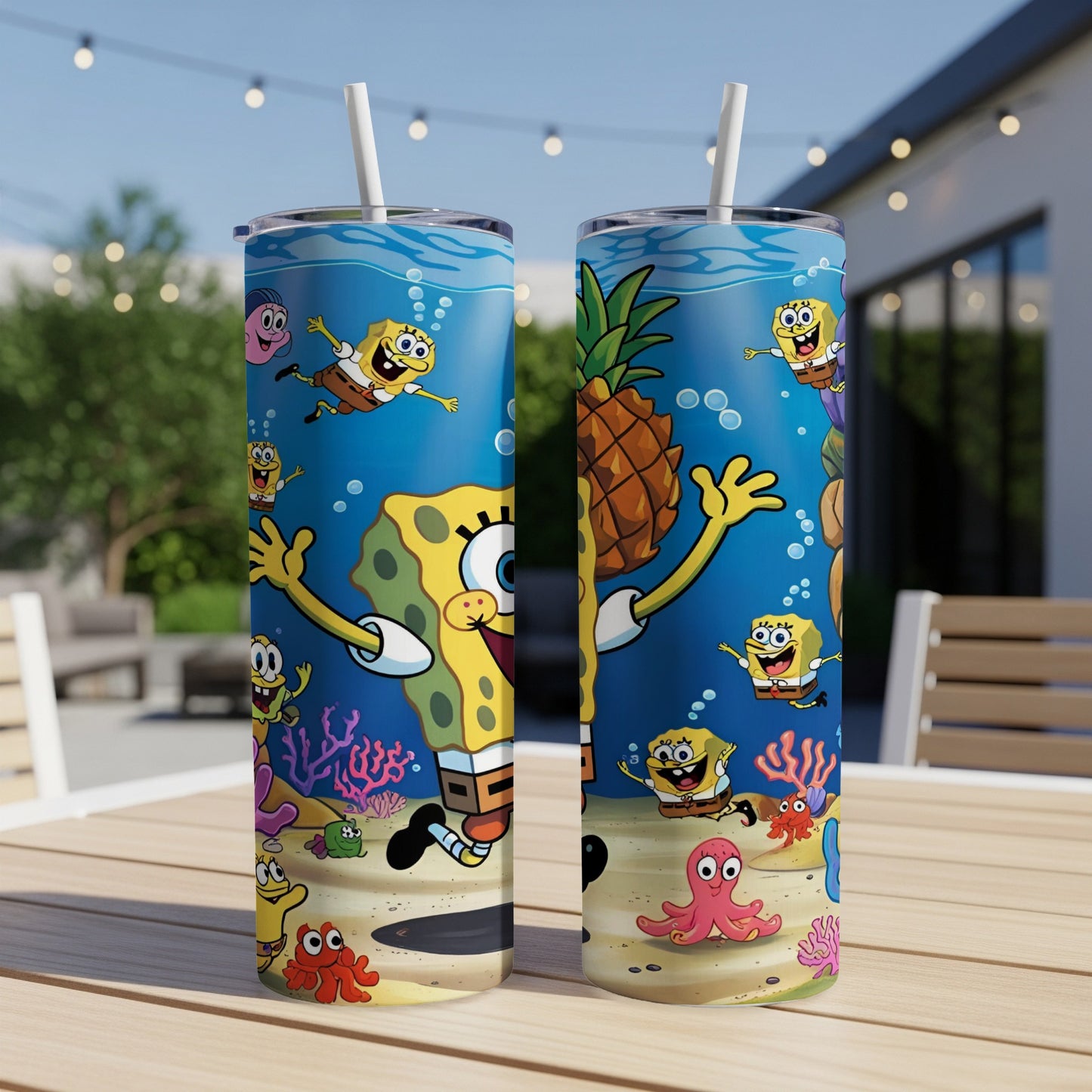 SpongeBob SquarePants characters underwater with pineapple and coral.