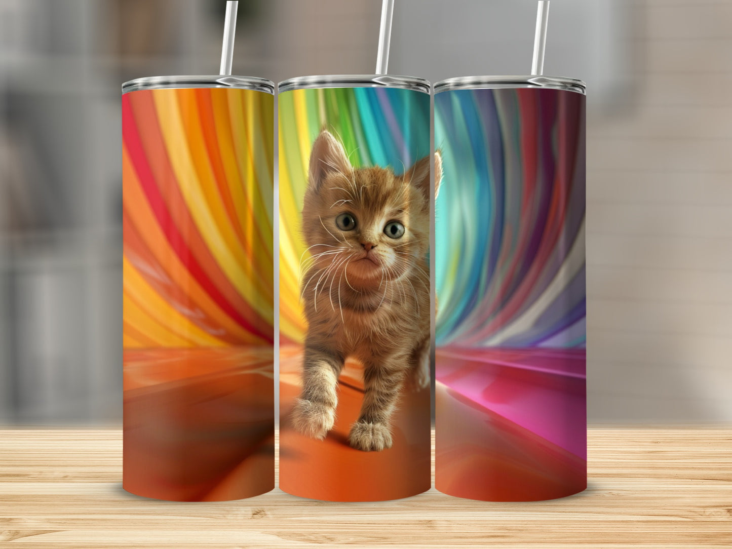 Ginger kitten walking on a colorful, swirling background.