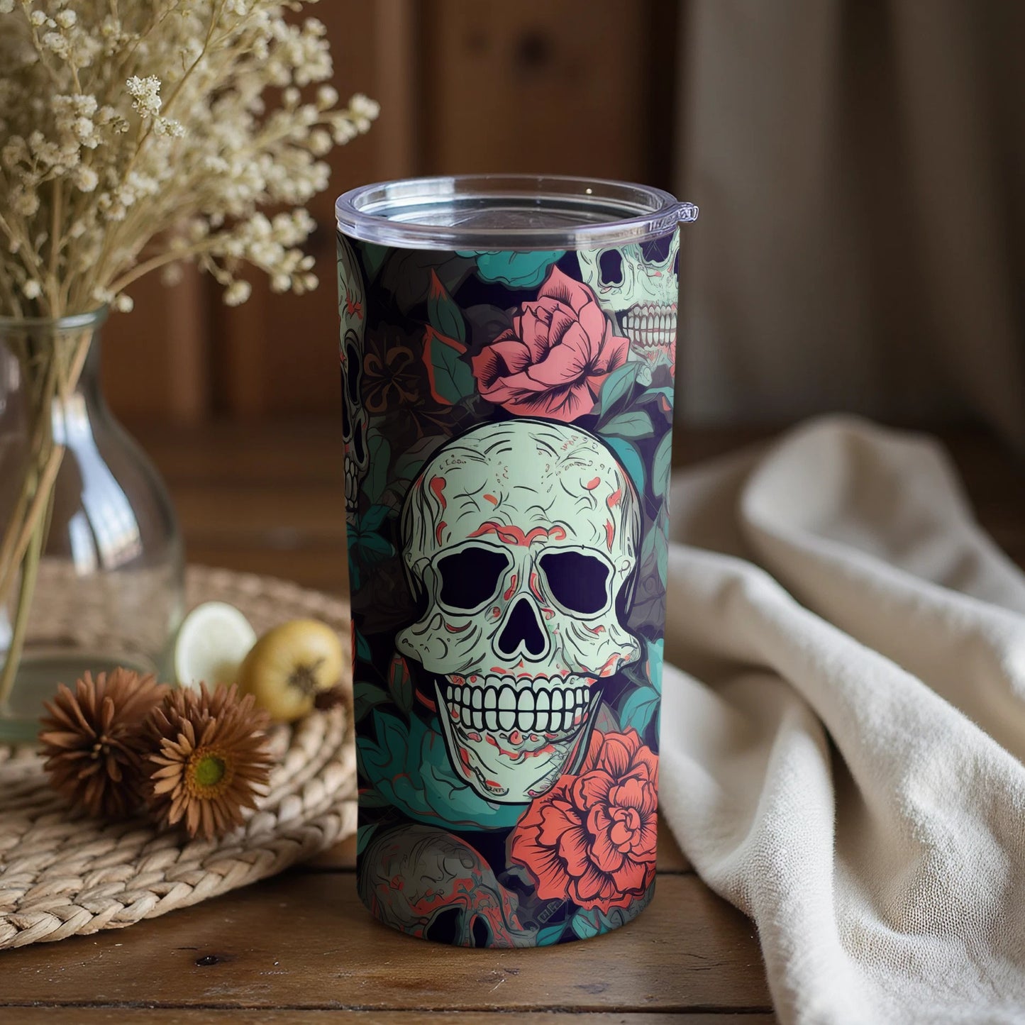 Skull and Floral Artwork Insulated Tumbler