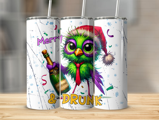 Green cartoon bird in Santa hat holding champagne bottle, with "Merry & Drunk" text.