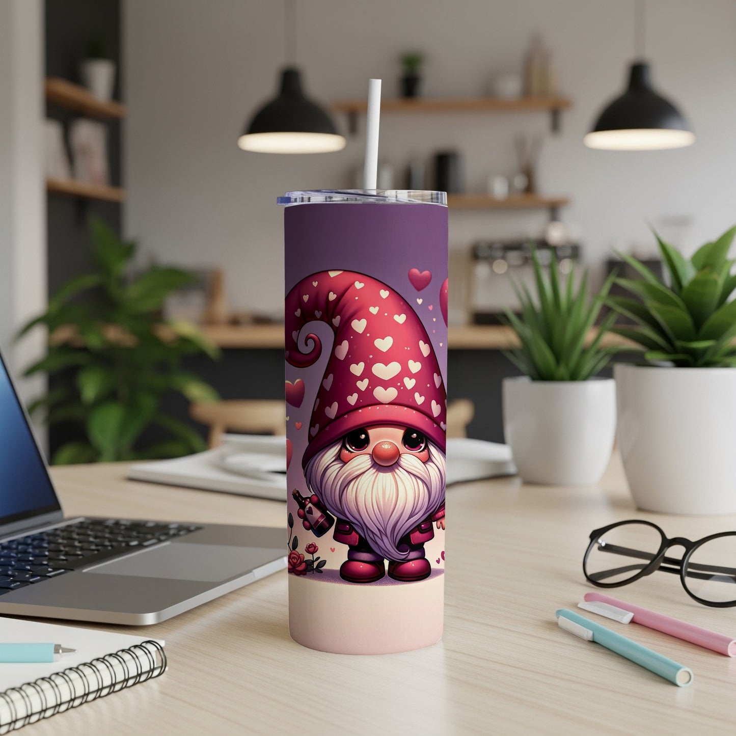 Tumbler with gnome wearing a heart-covered hat and holding a rose.