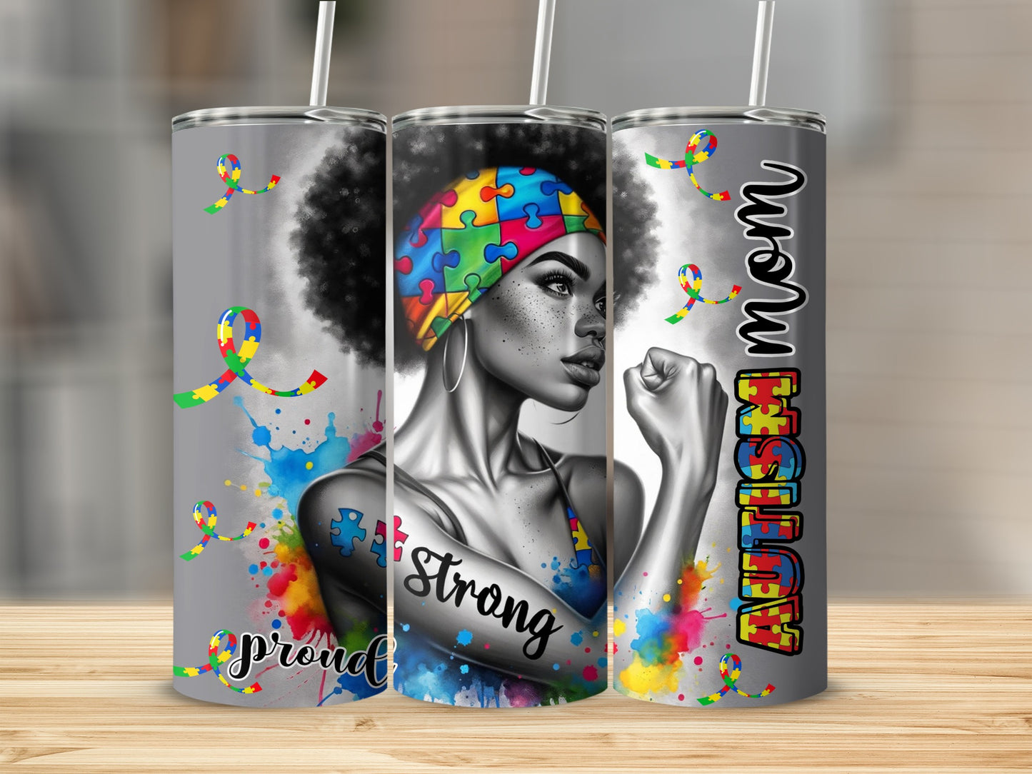 Woman with colorful puzzle piece design on skin, "Proud Strong Autism Mom" text.