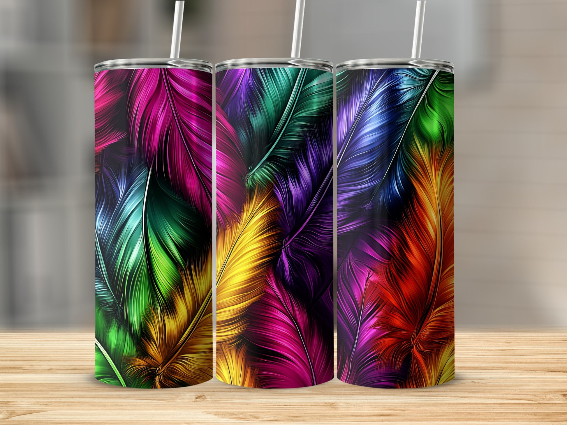 Vibrant Feather Pattern Stainless Steel Tumbler
