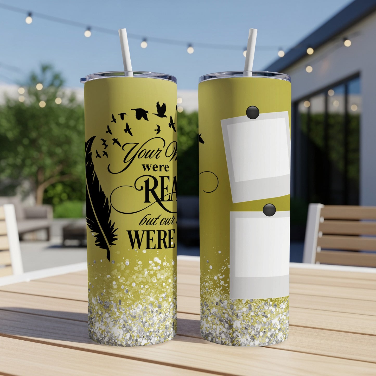 Yellow tumbler with bird silhouette and "Your wings were ready but our hearts were not" text.