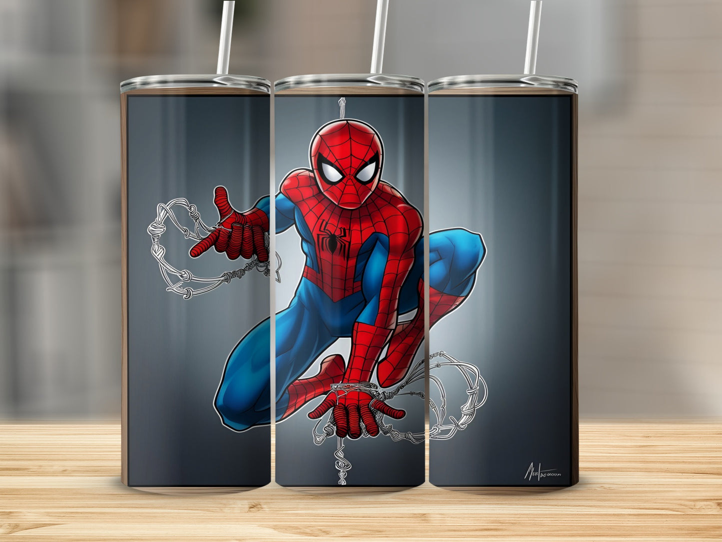 Spiderman crouches, shooting a web, on a gray background.