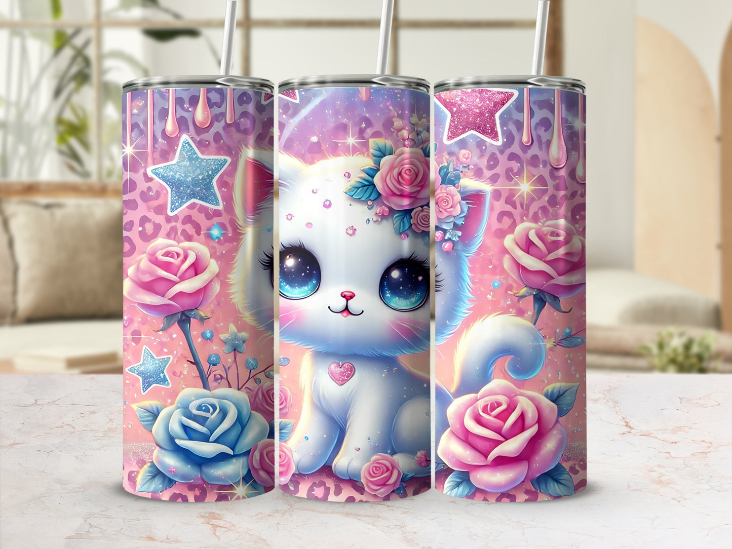White cat with pink and blue roses and glitter stars on a tumbler.