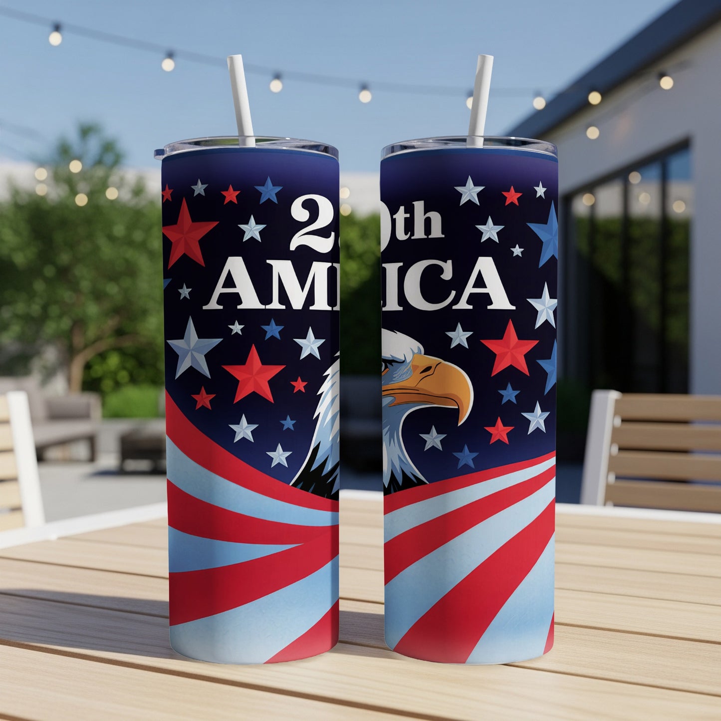 Red, white, and blue patriotic tumbler with eagle and "20th America" text.