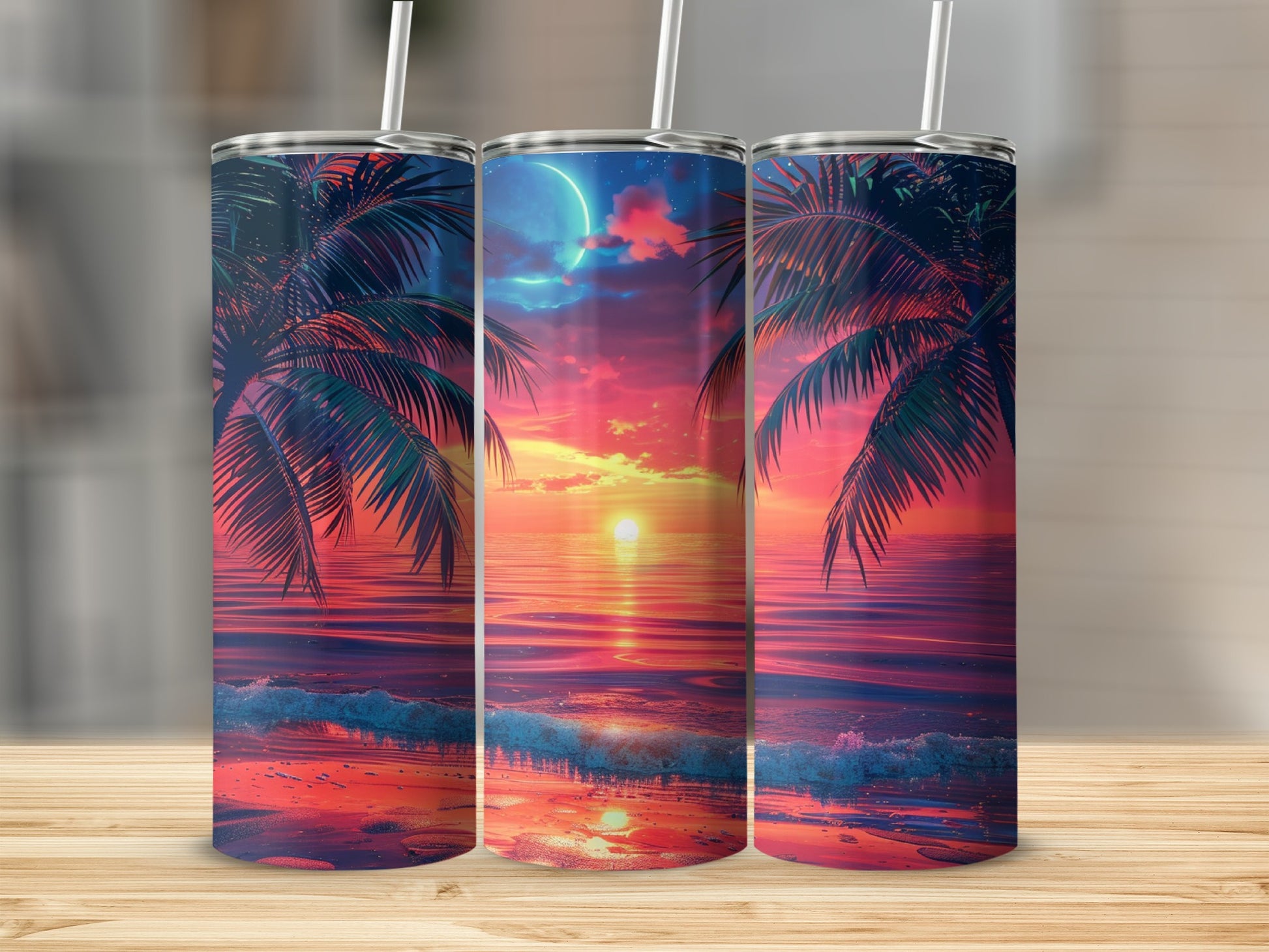 Three tumblers displaying a tropical sunset with palm trees and ocean waves.