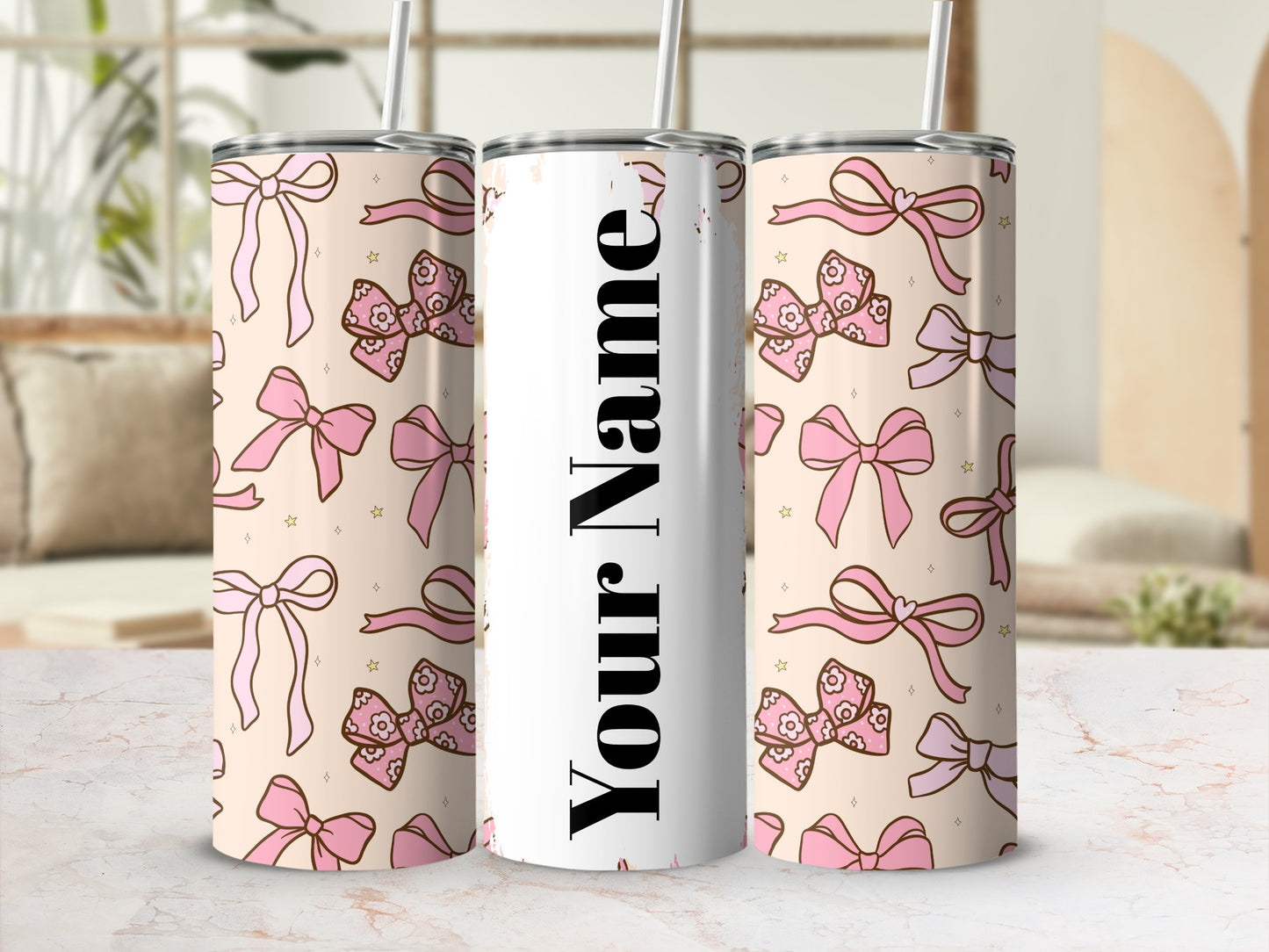 Pink Ribbon and Bow Design Personalized Tumbler