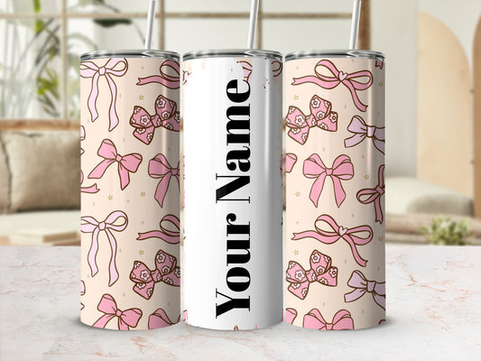 Pink Ribbon and Bow Design Personalized Tumbler