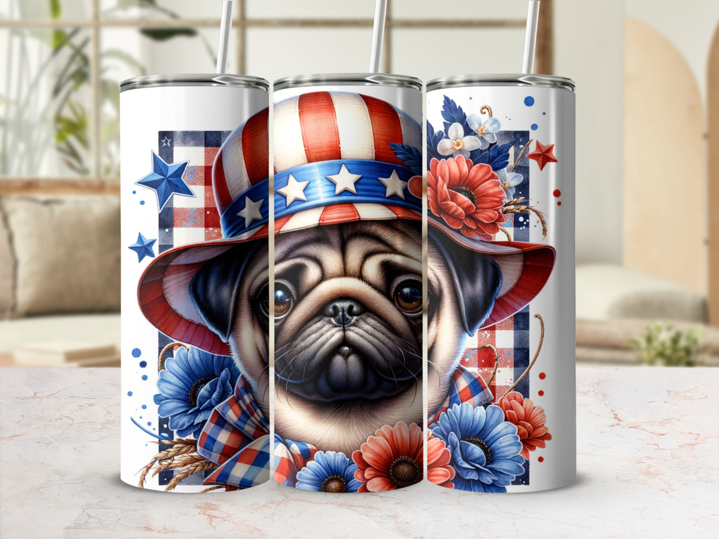 Pug in patriotic hat with red, white, and blue floral accents.