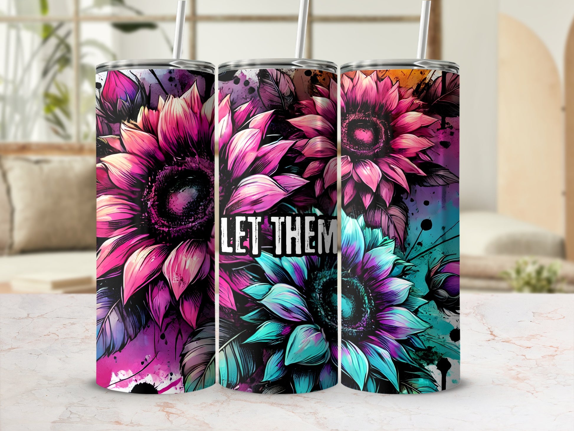 Vibrant Floral Sunflower Design Tumbler with Straw