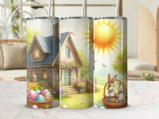 Easter-themed tumblers with bunnies, eggs, and a charming cottage design.