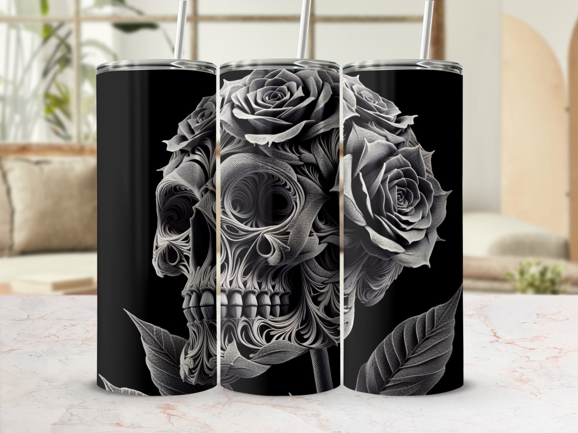 Black tumbler with a skull and roses design.