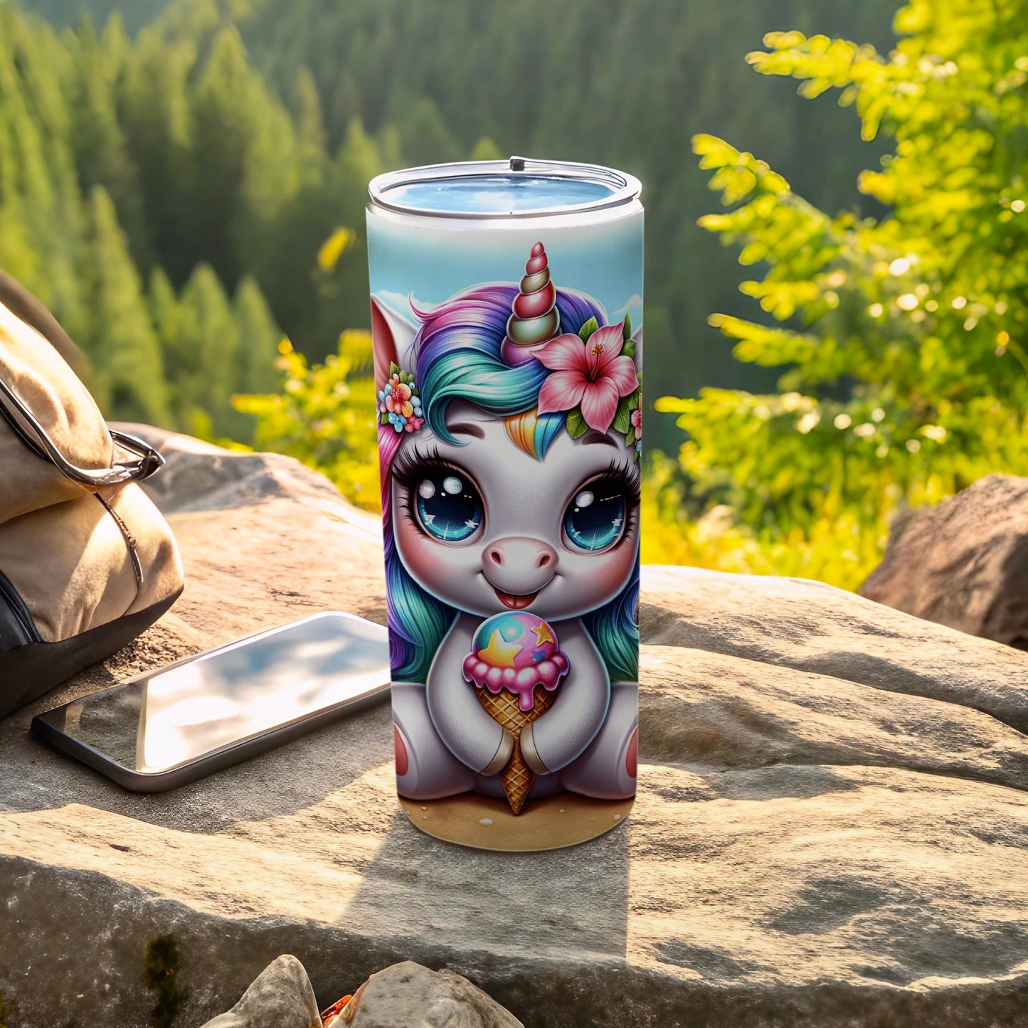 Cute cartoon unicorn holding ice cream, on a textured tumbler.