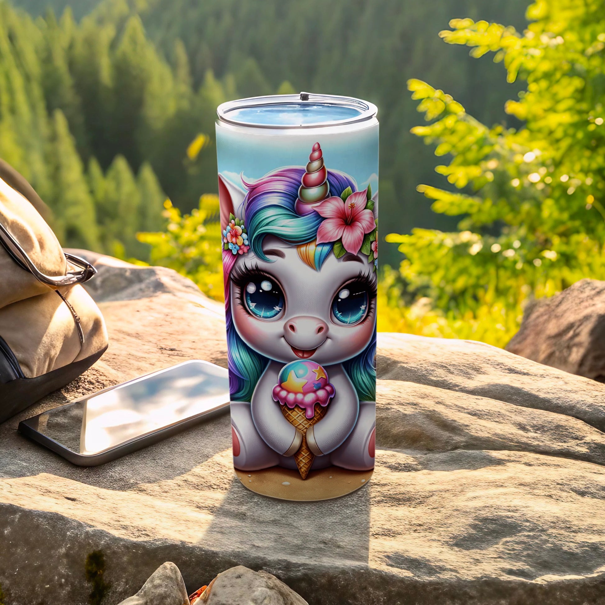 Cute cartoon unicorn holding ice cream, on a textured tumbler.