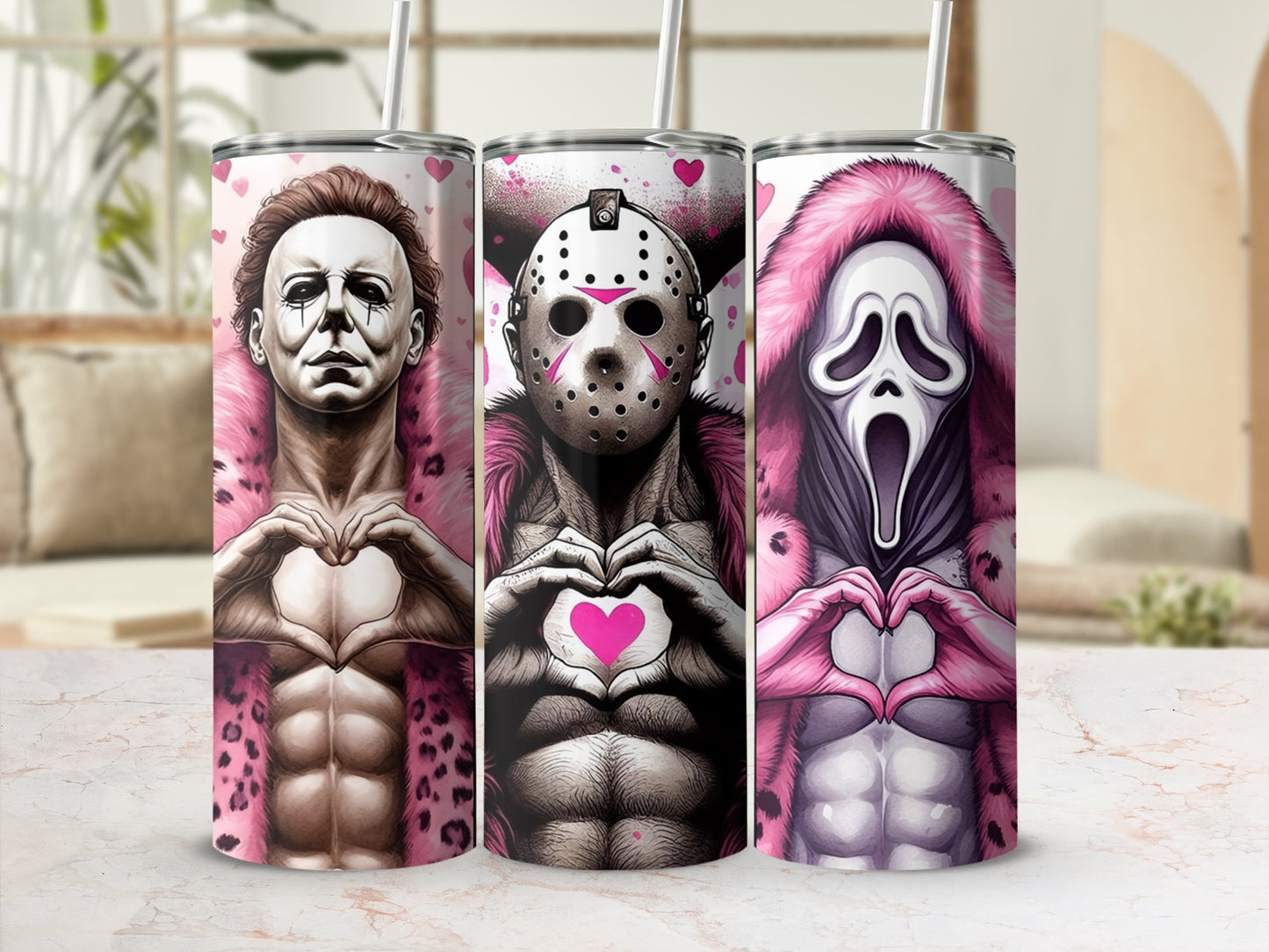 Three horror movie villains forming heart shapes with their hands.